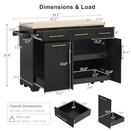 Black Kitchen Island with Storage and Drop Leaf V144