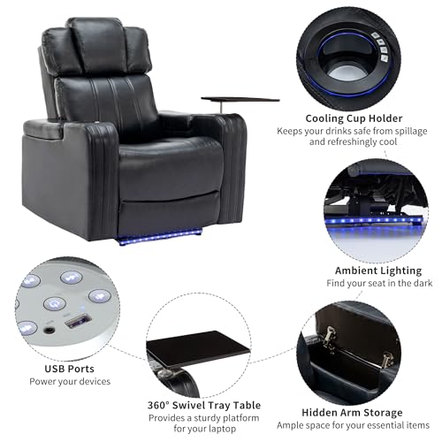 Dark Blue Power Recliner with Cup Holder Bluetooth Speaker LED Lights USB Ports Tray Table Storage P77686