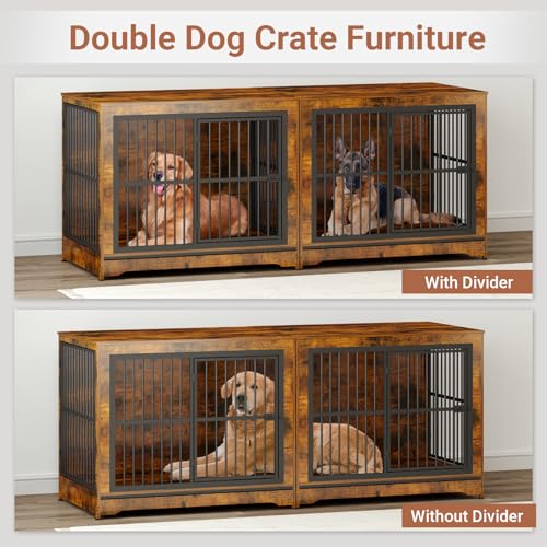 Rustic Brown Double Dog Crate Furniture with Divider B460632