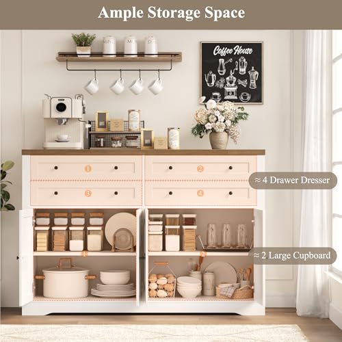 55" Coffee Bar with 4 Large Drawers, Tall Buffet Cabinet with Storage, Adjustable Shelves, Ash Grey P323