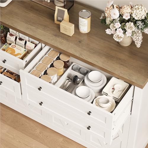 55" Coffee Bar with 4 Large Drawers, Tall Buffet Cabinet with Storage, Adjustable Shelves, Ash Grey P323