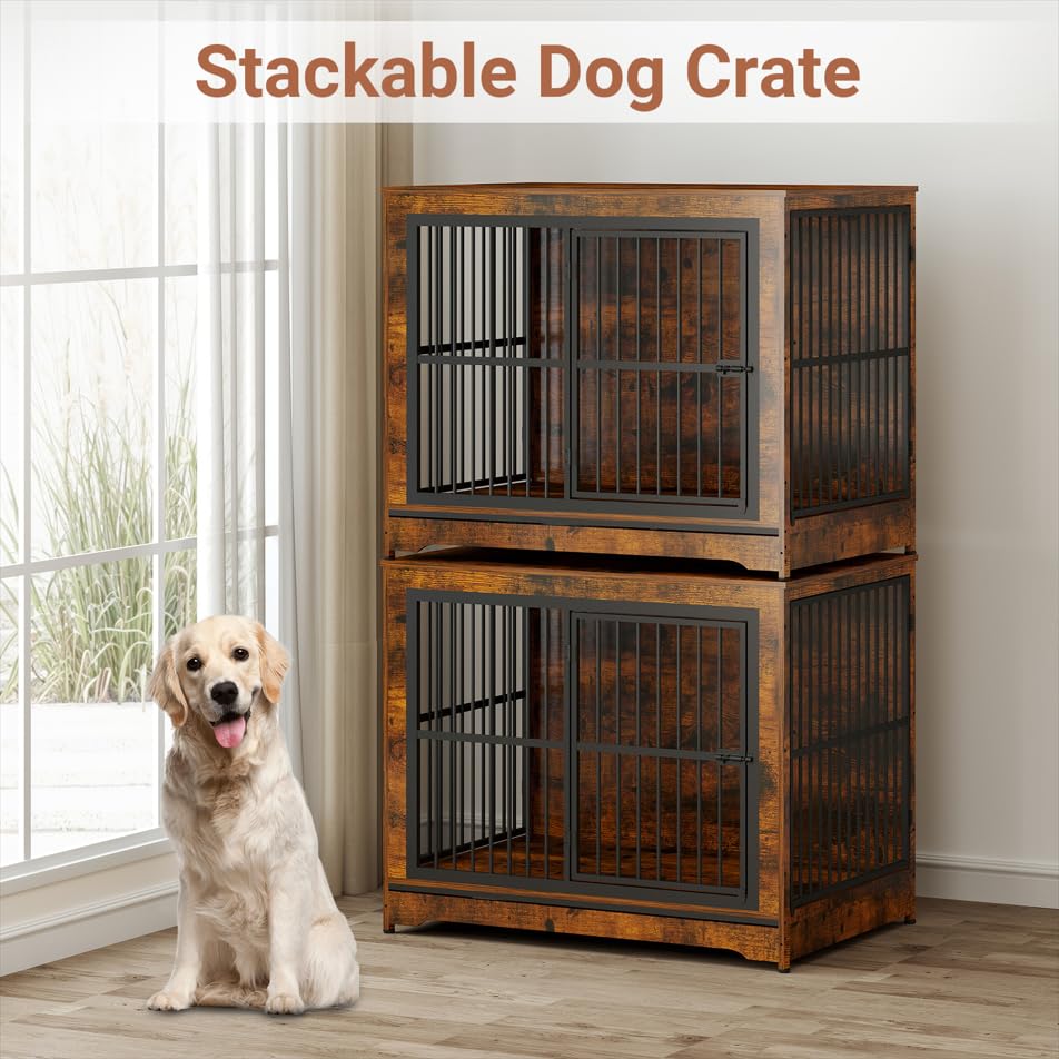Rustic Brown Double Dog Crate Furniture with Divider B460632