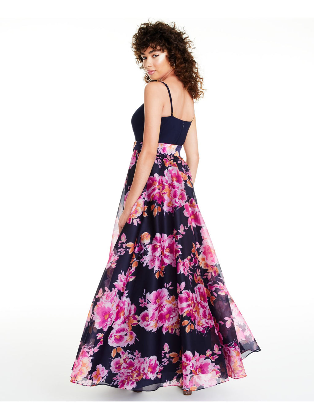 Navy Floral Spaghetti Strap V Neck Full-Length Fit + Flare Dress S1647
