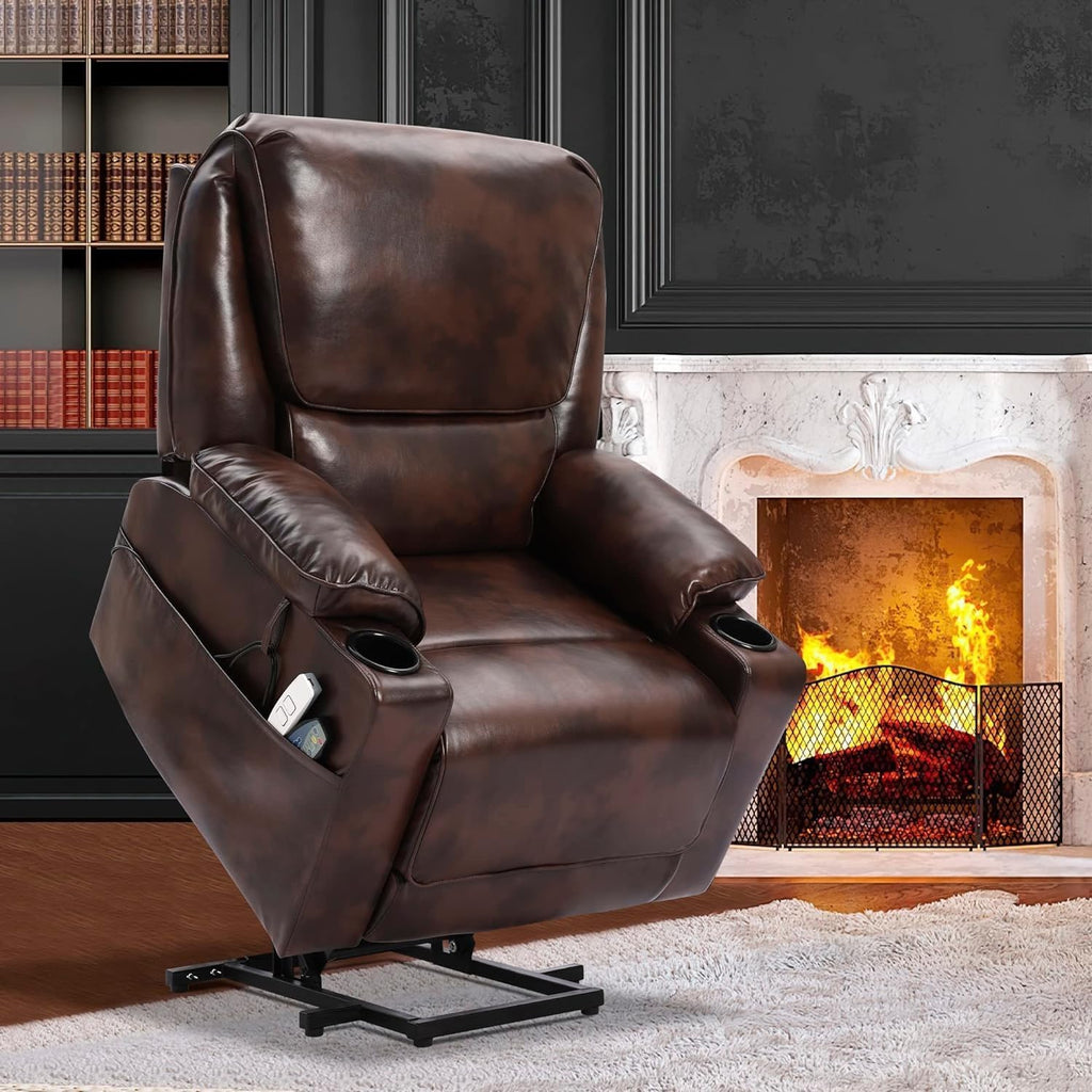 Brown Leather Power Lift Recliner Chair with Massage and Heated A954