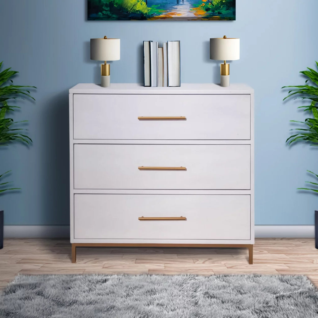 34 Inch 3 Drawer Wooden Chest with Metal Base Y803