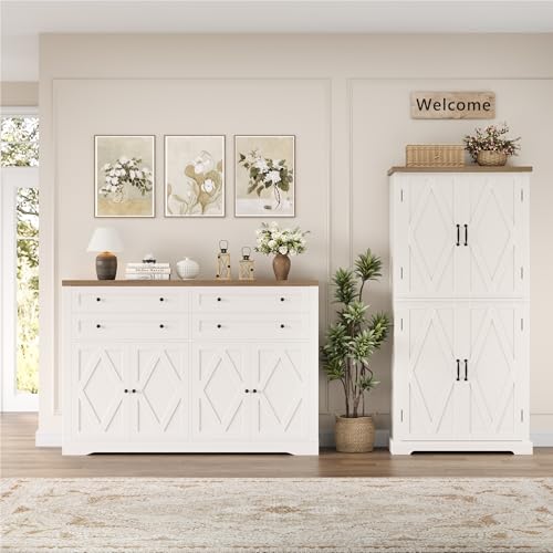 55" Coffee Bar with 4 Large Drawers, Tall Buffet Cabinet with Storage, Adjustable Shelves, Ash Grey P323