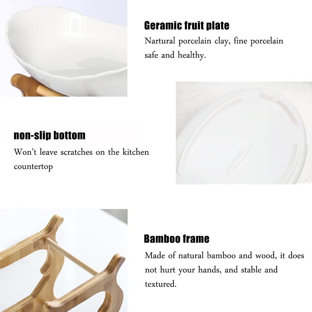 3 Tier Ceramic Fruit Bowl with Bamboo Stand White Y929970