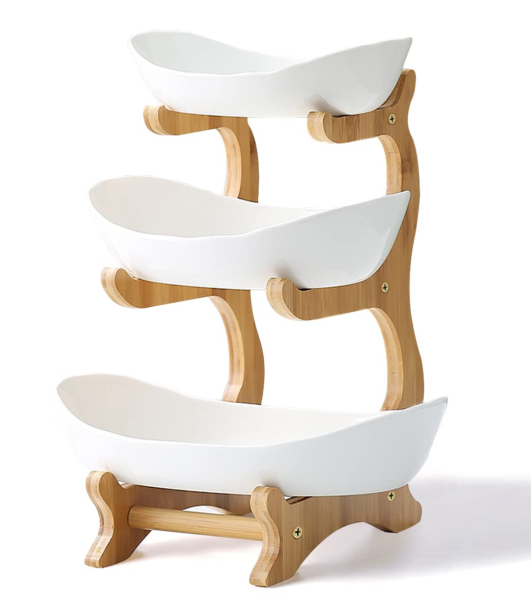 3 Tier Ceramic Fruit Bowl with Bamboo Stand White Y929970