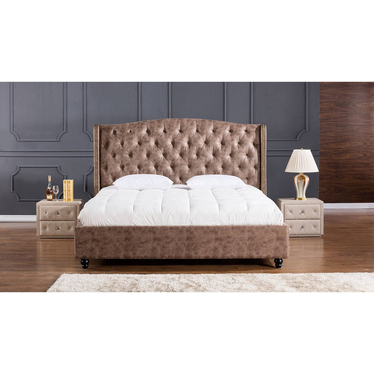 King Brown Platform Bed with Tufted Headboard K3745