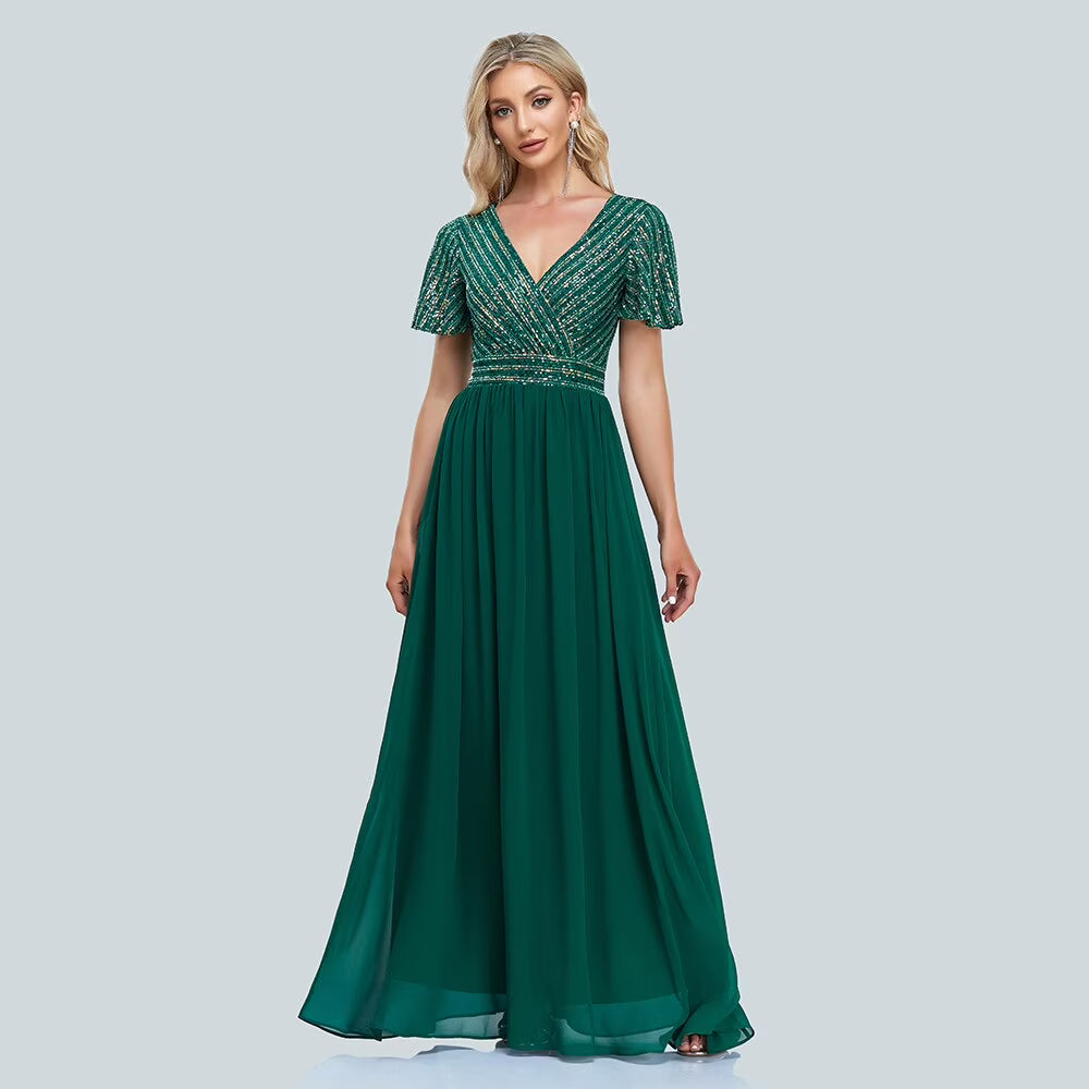 Green V-Neck Sequins Chiffon Formal Gown B296124