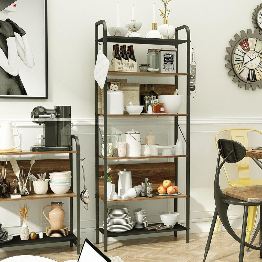 6 Tier Black and Walnut Wood and Metal Bookshelf X1951