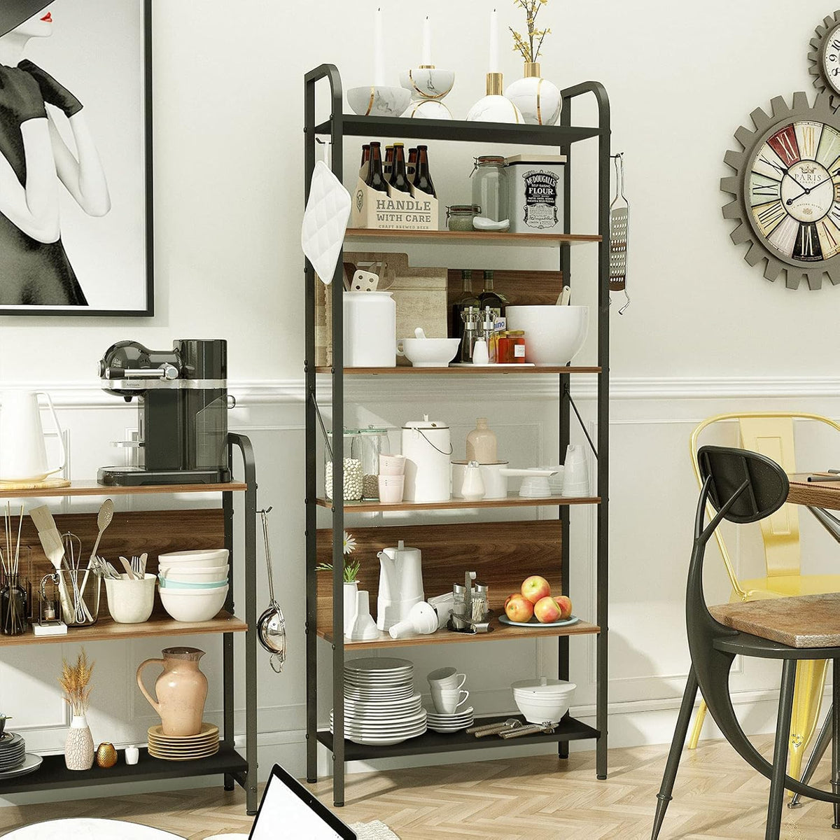 6 Tier Black and Walnut Wood and Metal Bookshelf X1951