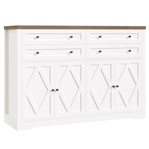 55" Coffee Bar with 4 Large Drawers, Tall Buffet Cabinet with Storage, Adjustable Shelves, Ash Grey P323