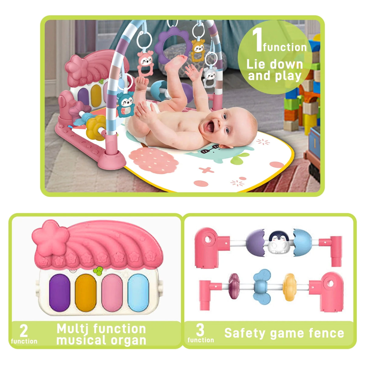 Baby Gym Play Mat 3 in 1 Fitness Rack with Music and Lights Blue V709