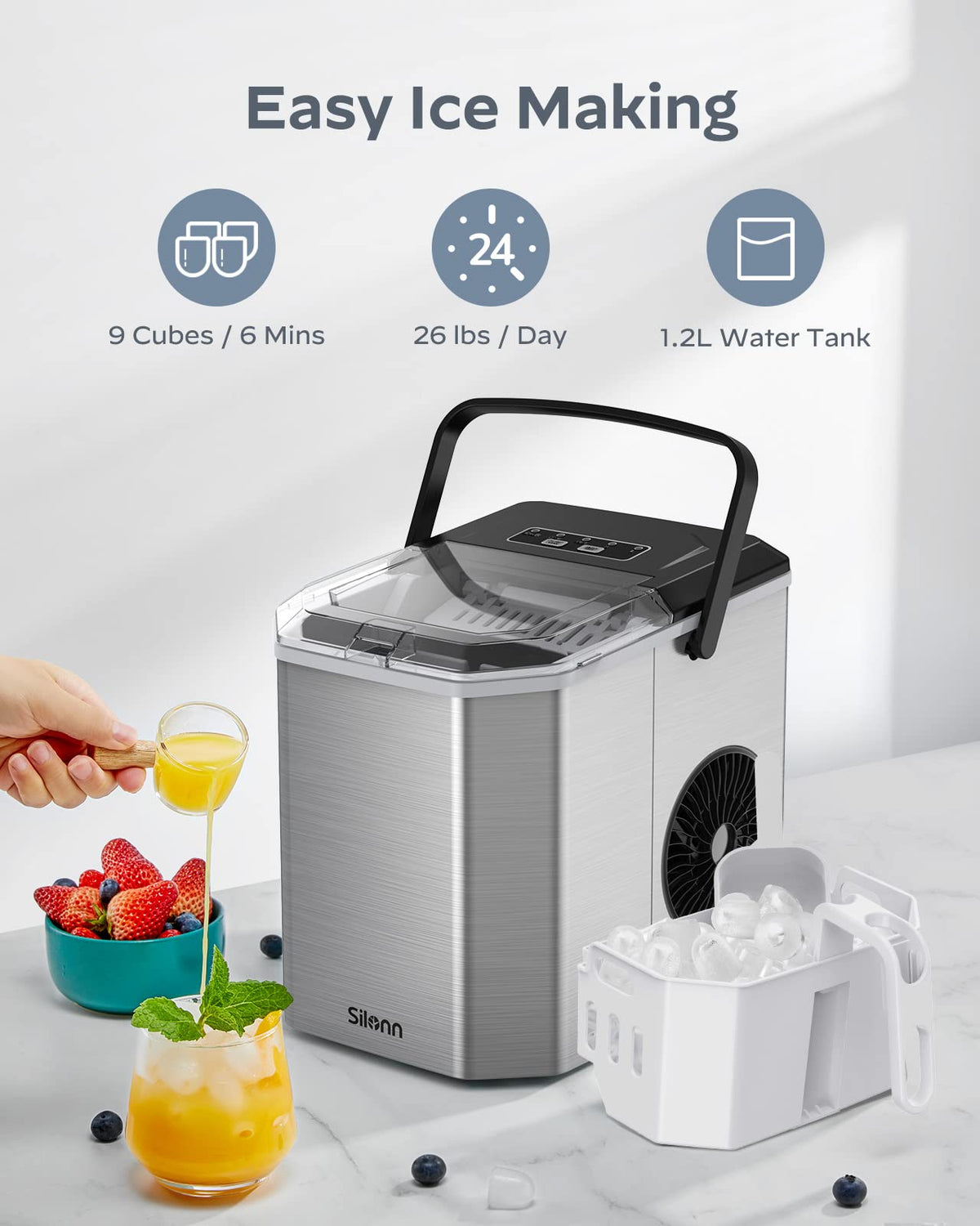Stainless Steel Portable Countertop Ice Maker with Basket and Scoop O3281