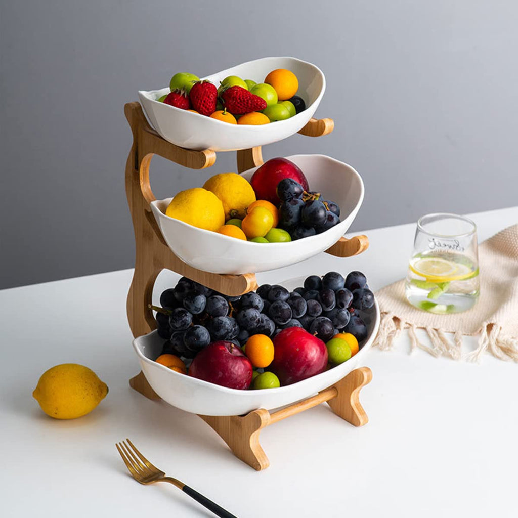 3 Tier Ceramic Fruit Bowl with Bamboo Stand White Y929970