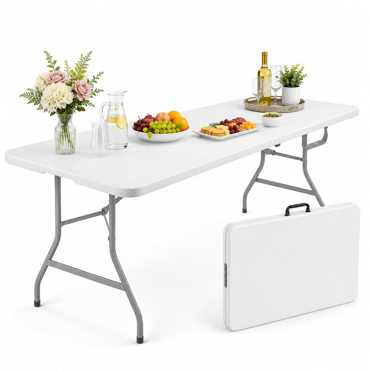 6FT Folding Plastic Utility Table with Carrying Handle, White J4022