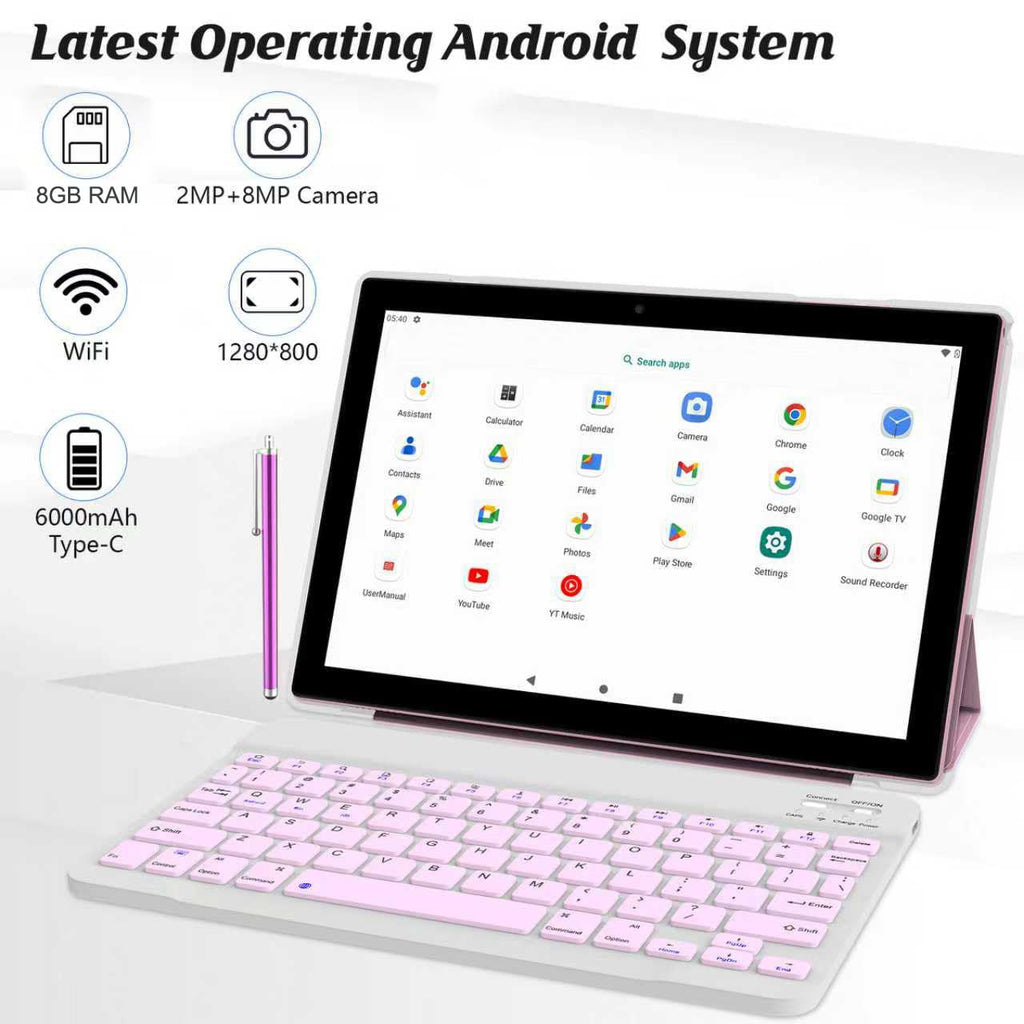 10 Inch Android Tablet with Keyboard Mouse Case Stylus Pink L21349
