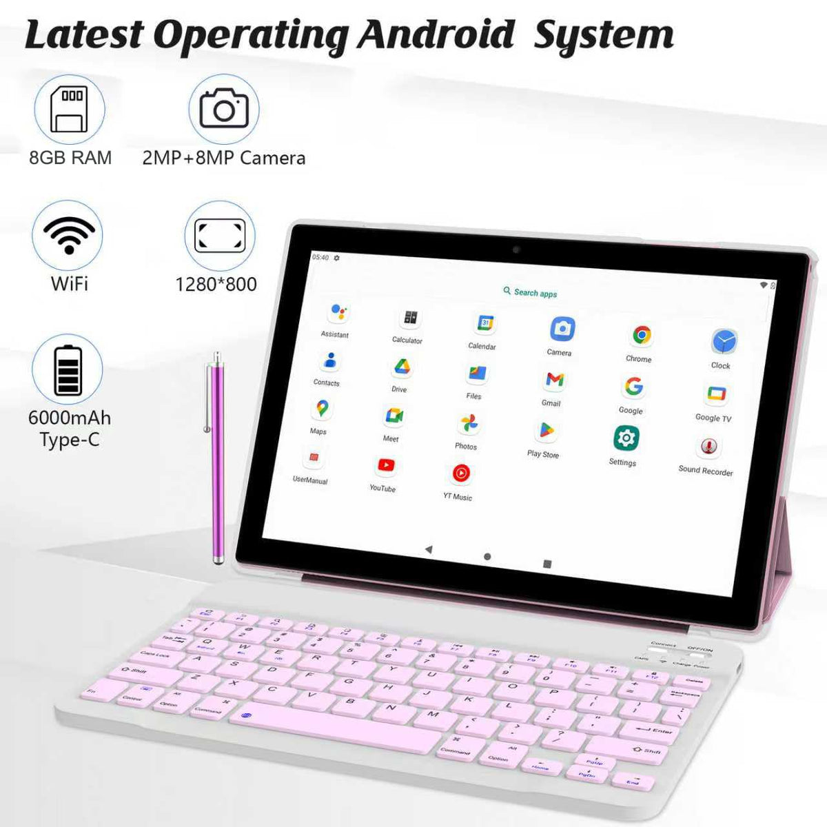 10 Inch Android Tablet with Keyboard Mouse Case Stylus Pink L21349