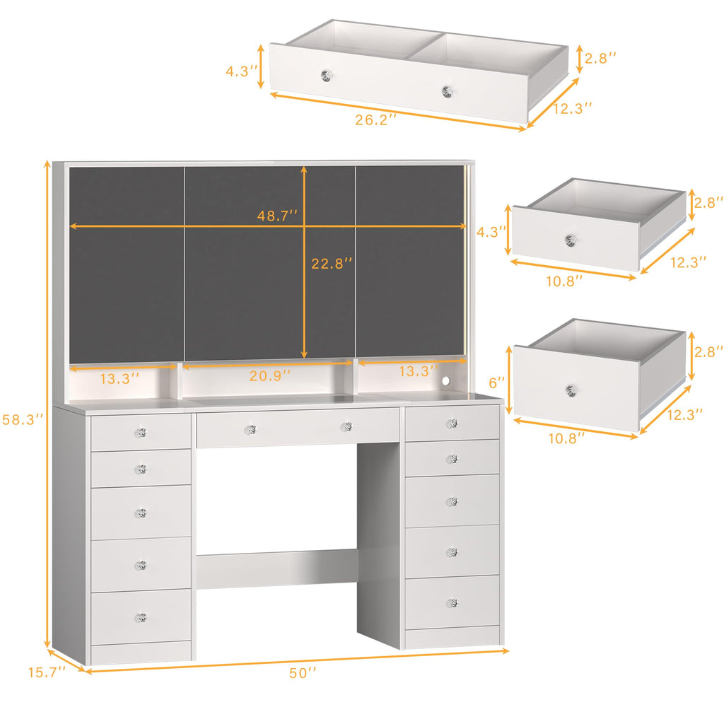 50'' White Glass Top Makeup Vanity with 11 Drawers and LED Mirror U302180