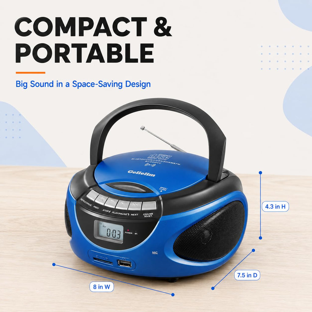 Portable CD Player with Bluetooth AM FM Stereo Radio Blue Q981