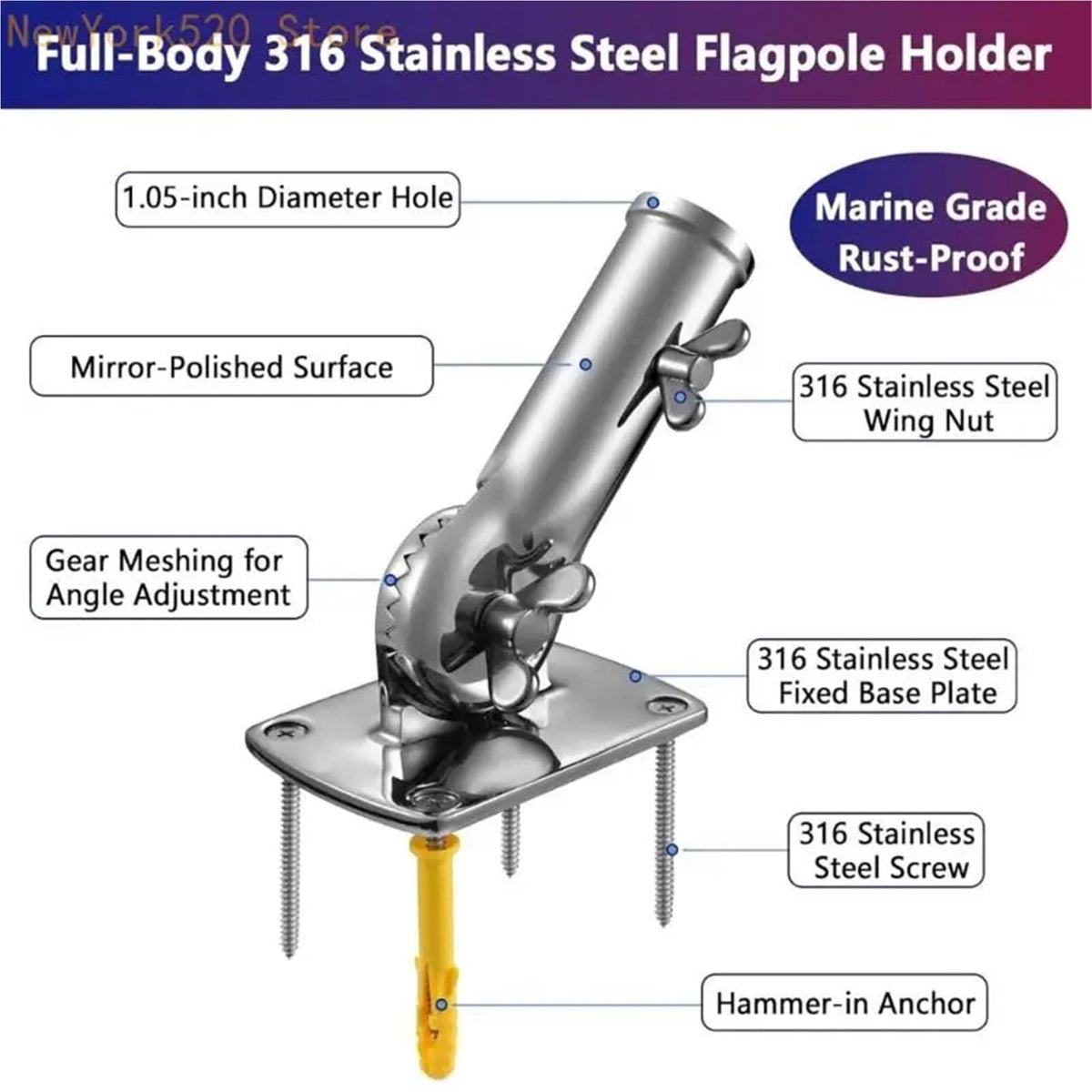 Heavy Duty Stainless Steel Adjustable Flag Pole Bracket I877