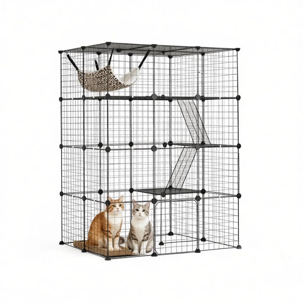 4-Tier Metal Wire Cat Cage with Hammock, Platforms & Ramps, Black B40558