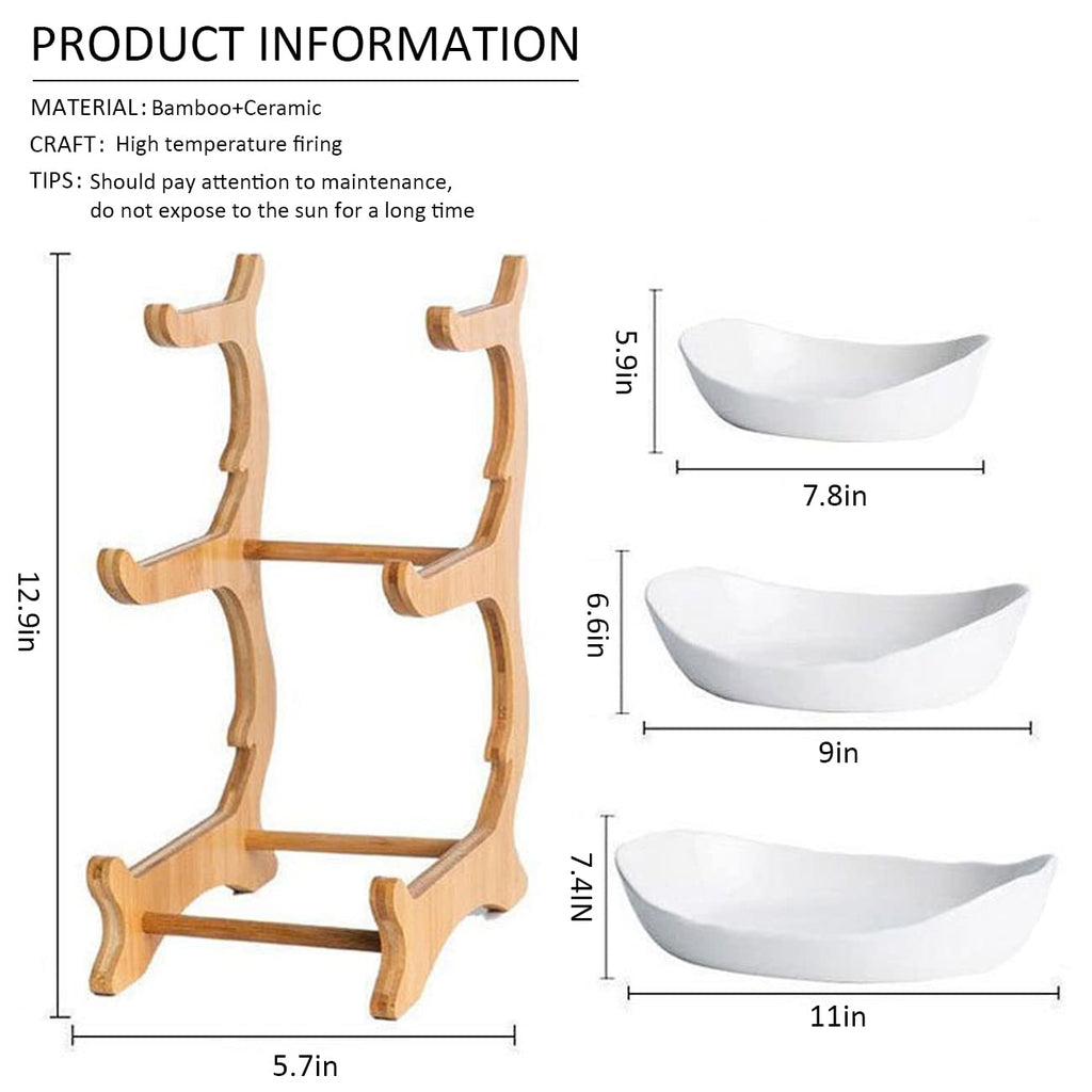3 Tier Ceramic Fruit Bowl with Bamboo Stand White Y929970