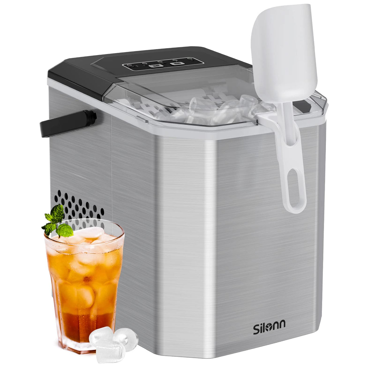 Stainless Steel Portable Countertop Ice Maker with Basket and Scoop O3281