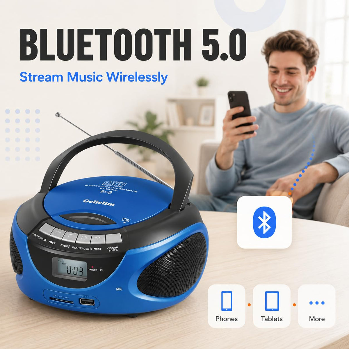 Portable CD Player with Bluetooth AM FM Stereo Radio Blue Q981