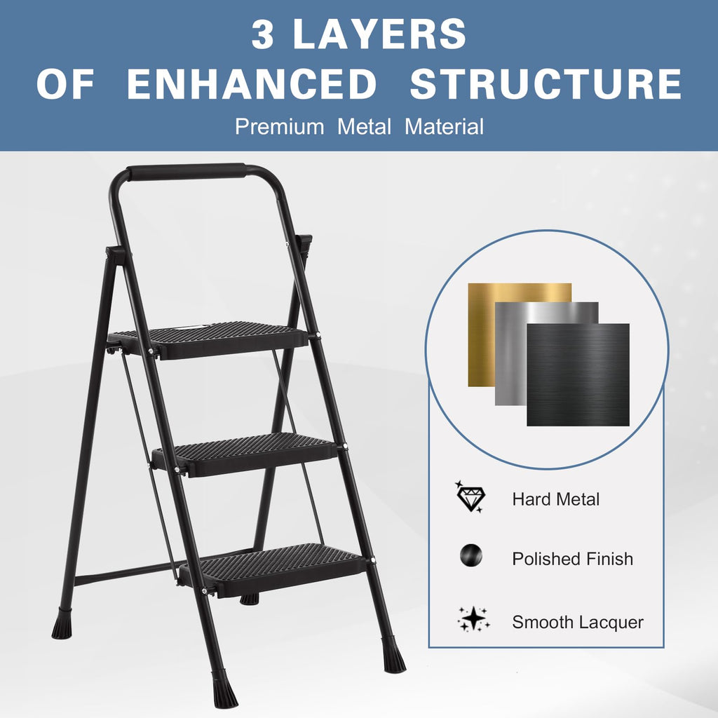 Foldable 3 Step Stool Ladder 300 Lb Weight Limit Steel A3522