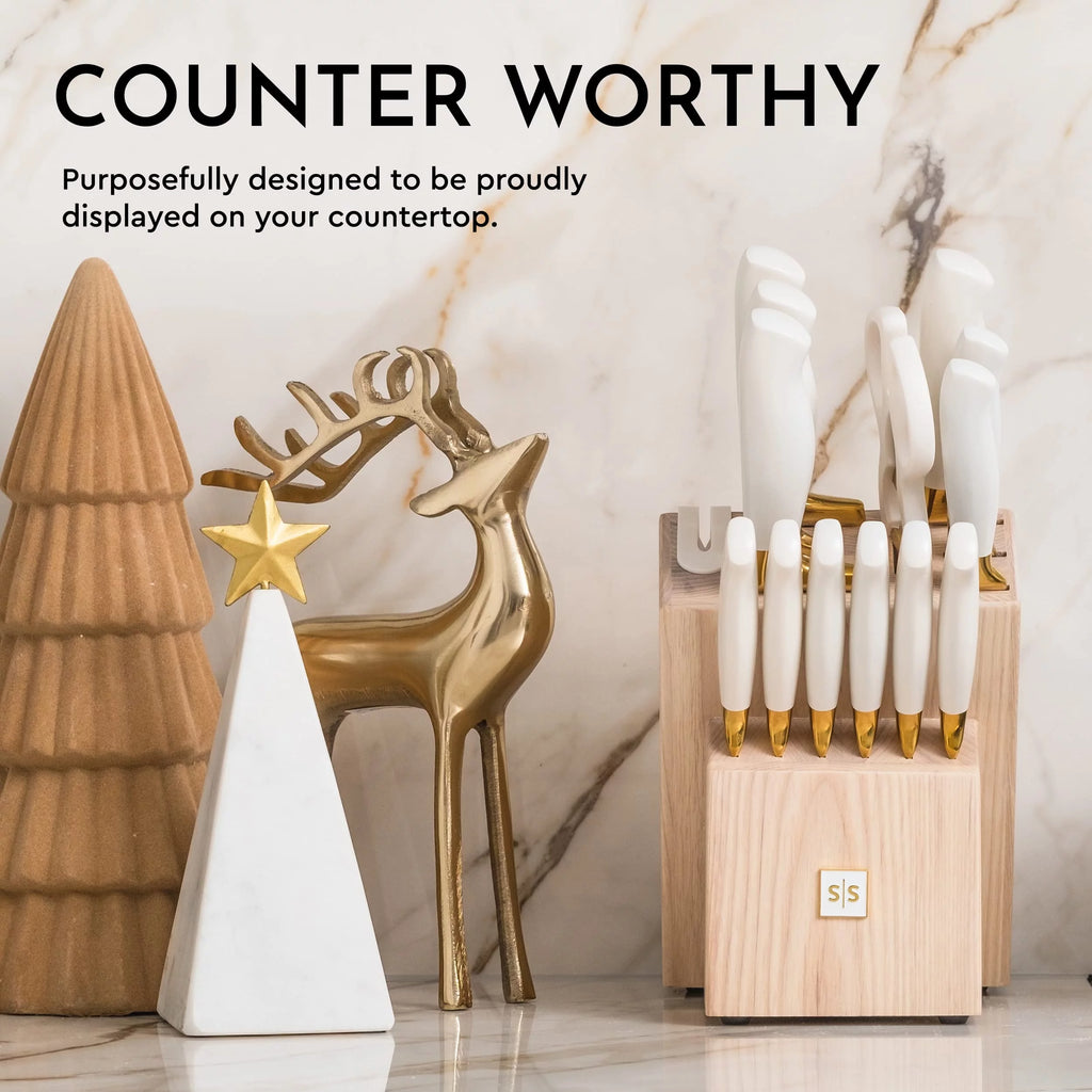 White and Gold 14 Piece Titanium Coated Knife Set with Block G84784