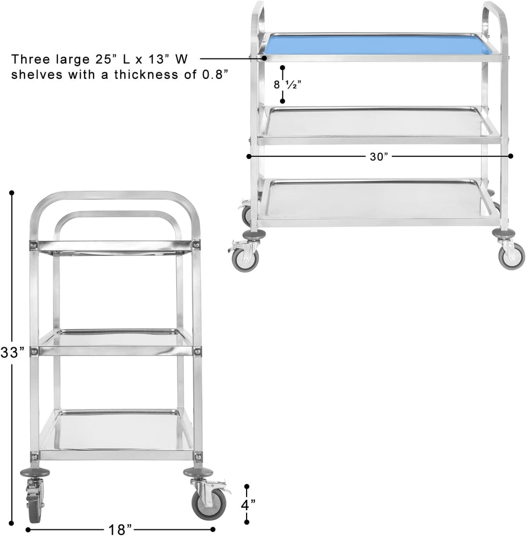 Stainless Steel 3 Tier Rolling Utility Cart with Swivel Locking Wheels D89597