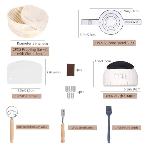 9" & 10" Round Sourdough Proofing Basket with Linen Liner, Silicone Bread Sling, Bread Lame, Danish Dough Whisk, Dough Scraper Kit, Silicone Brush & Bowl Scraper Y758227