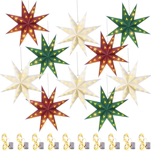 10 Set 8-Pointed 12 Inch Paper Star Lanterns with 10 LED Light Z235