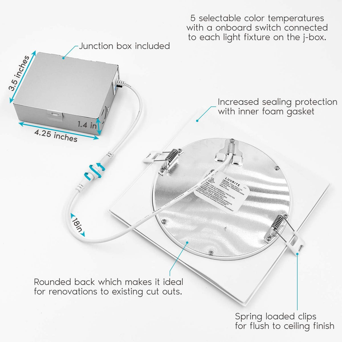 6 Inch Square LED Recessed Lighting, 5 Color Temperature, Dimmable, 4 Pack T6070