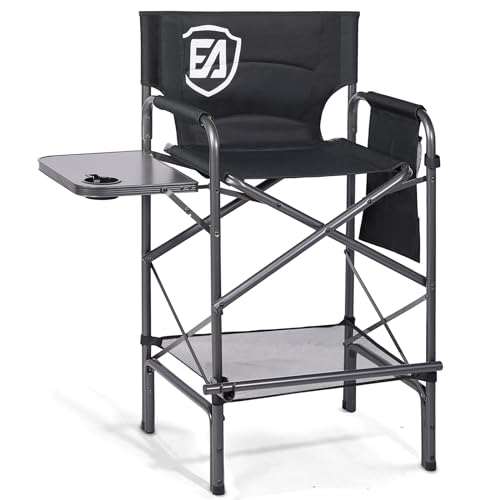 Tall Folding Chair with Side Table Cup Holder Storage Pocket Blue Grey G7408