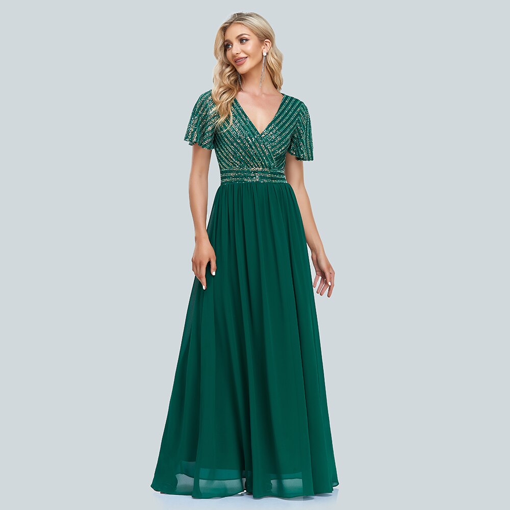 Green V-Neck Sequins Chiffon Formal Gown B296124