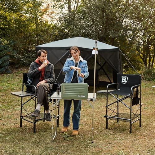 Tall Folding Chair with Side Table Cup Holder Storage Pocket Blue Grey G7408