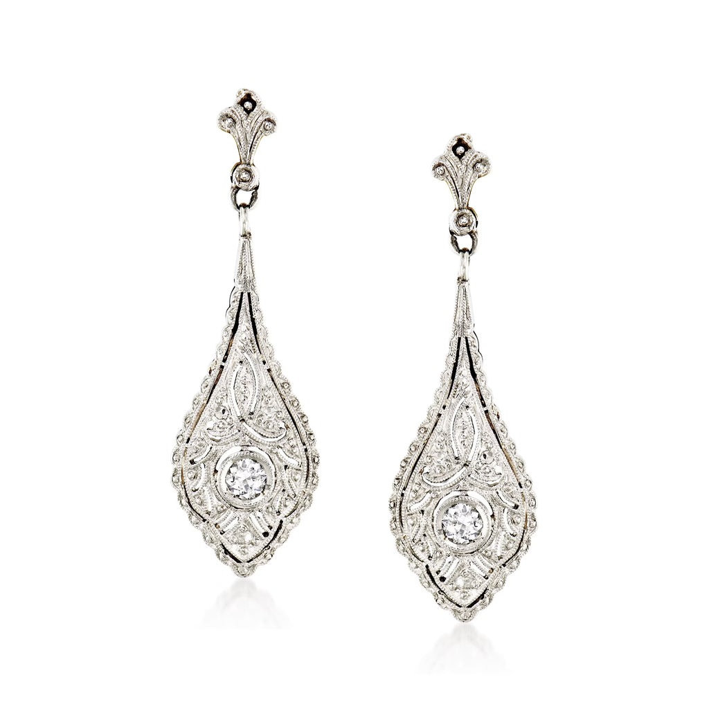 Vintage Diamond Filigree Drop Earrings in Platinum and 18kt Yellow Gold U6121