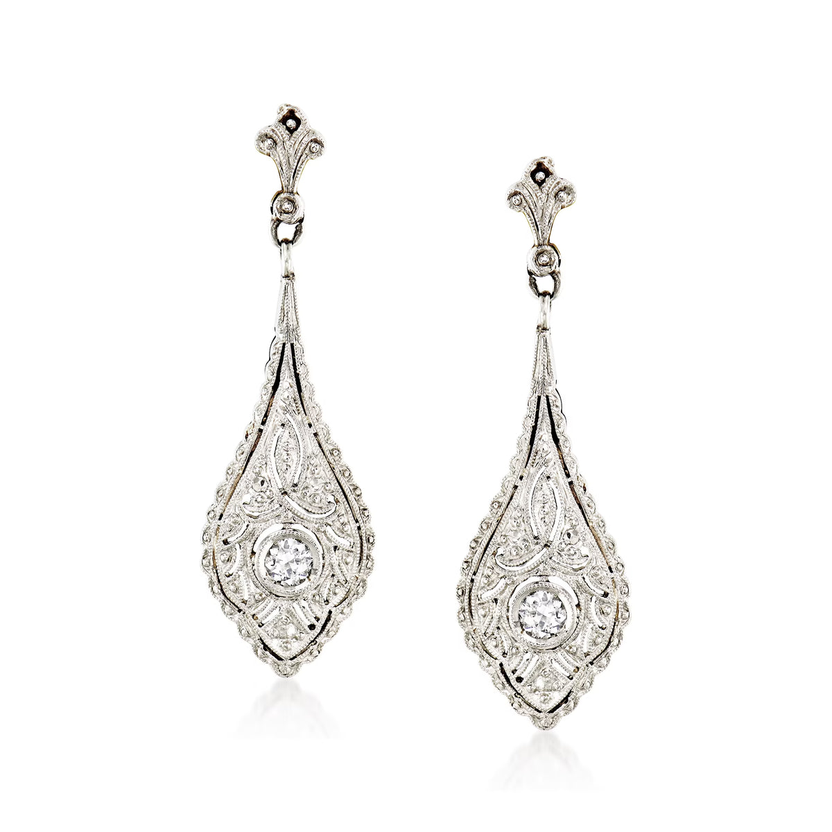 Vintage Diamond Filigree Drop Earrings in Platinum and 18kt Yellow Gold U6121
