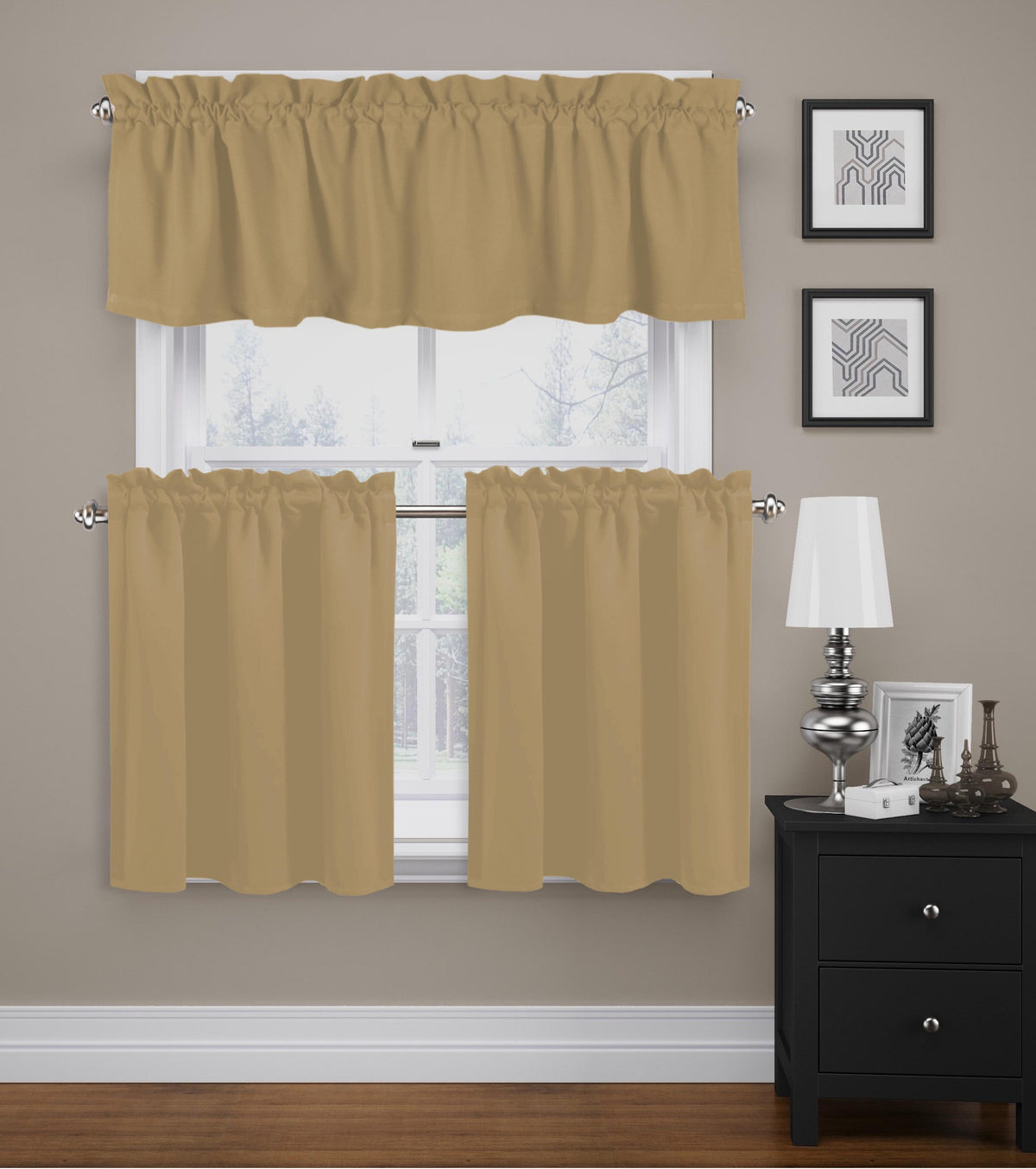 Beige 100% Cotton Kitchen Window Curtain Tiers Valance Set 3 Piece J242249