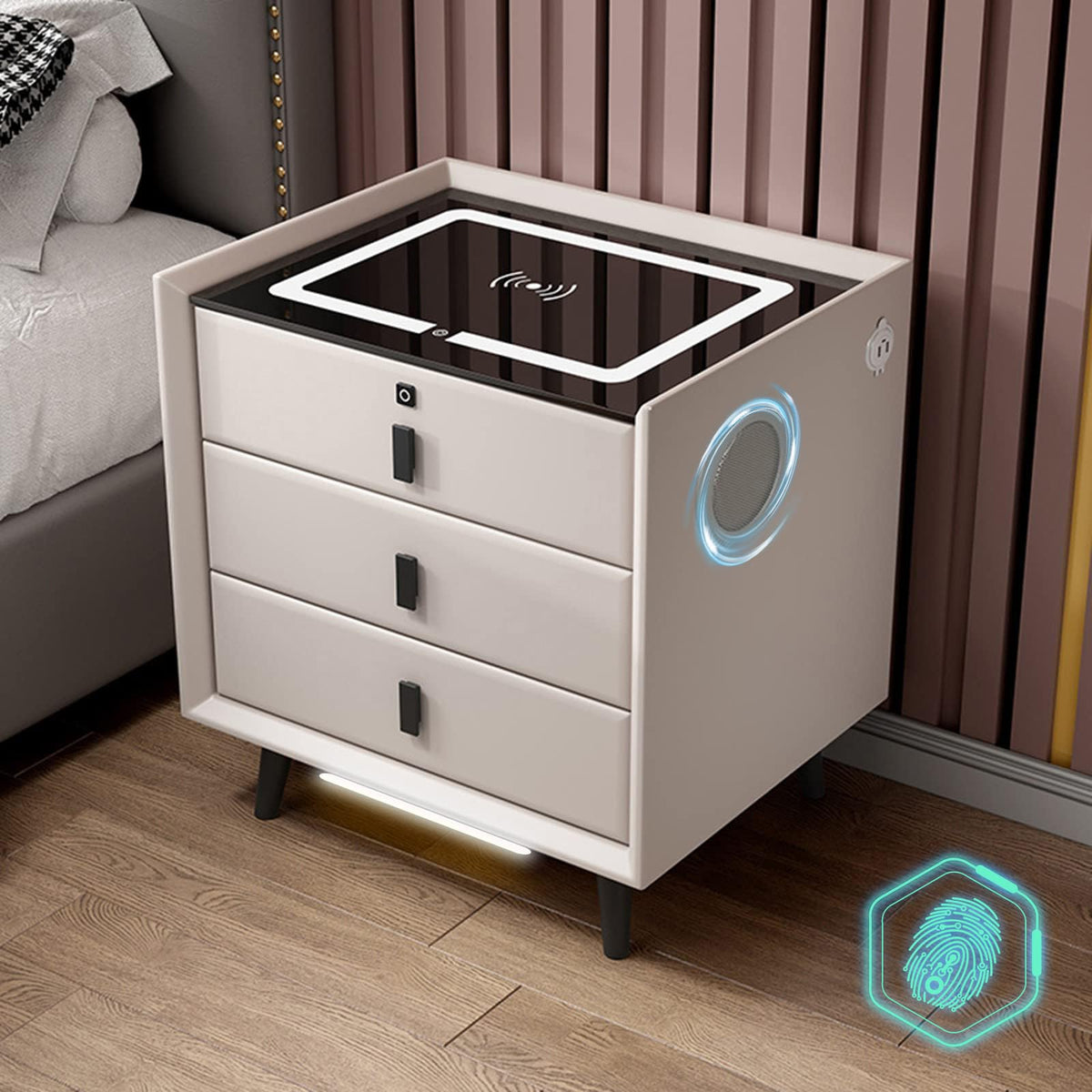 White Nightstand with Wireless Charging Station and Fingerprint Lock Drawer F67187