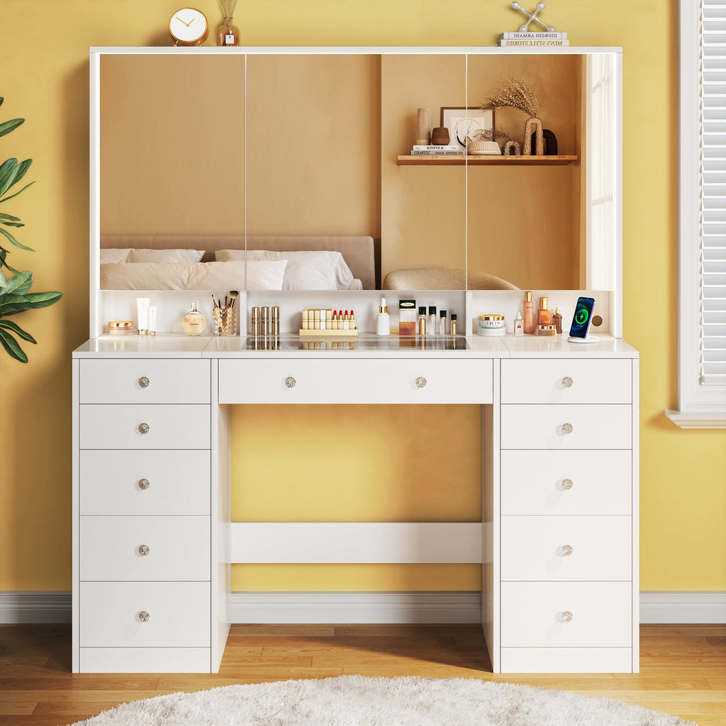 50'' White Glass Top Makeup Vanity with 11 Drawers and LED Mirror U302180