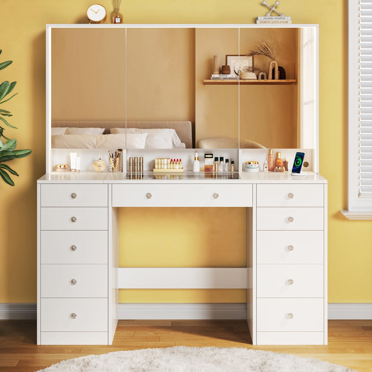 50'' White Glass Top Makeup Vanity with 11 Drawers and LED Mirror U302180
