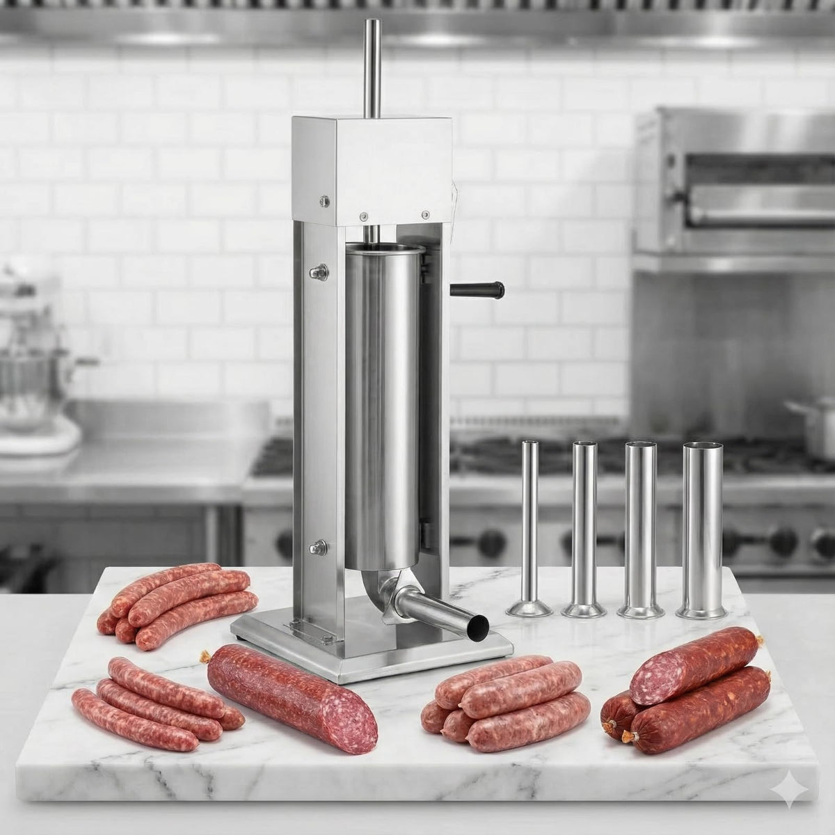 7 L Vertical Stainless Steel Sausage Stuffer with 4 Stuffing Tubes M362474
