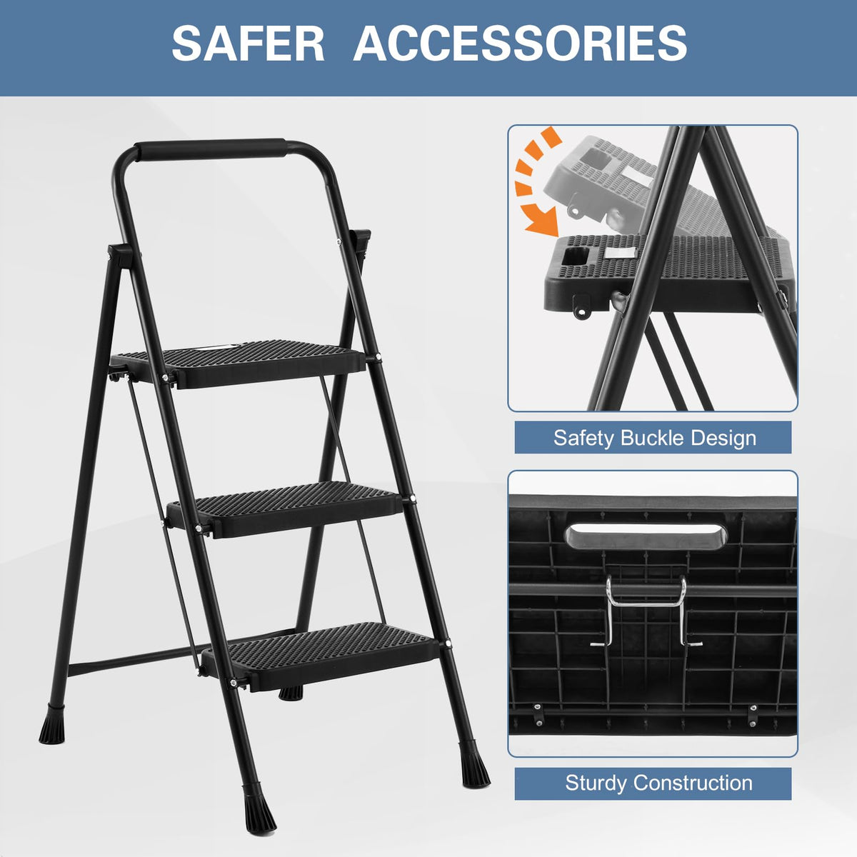 Foldable 3 Step Stool Ladder 300 Lb Weight Limit Steel A3522