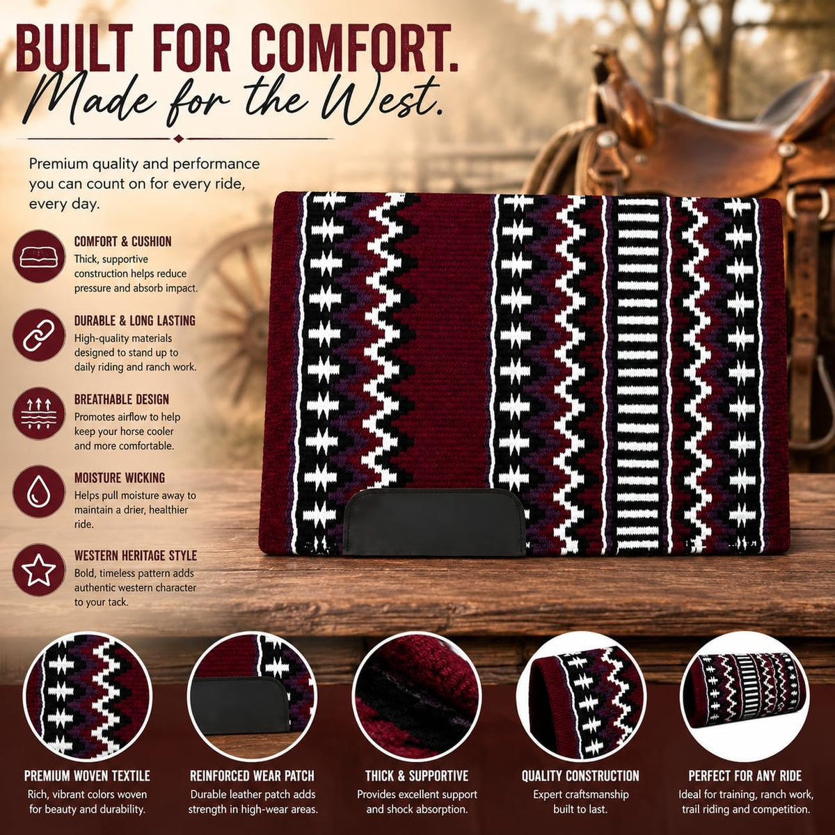 Burgundy Black White Tribal Horse Saddle Pad M812808