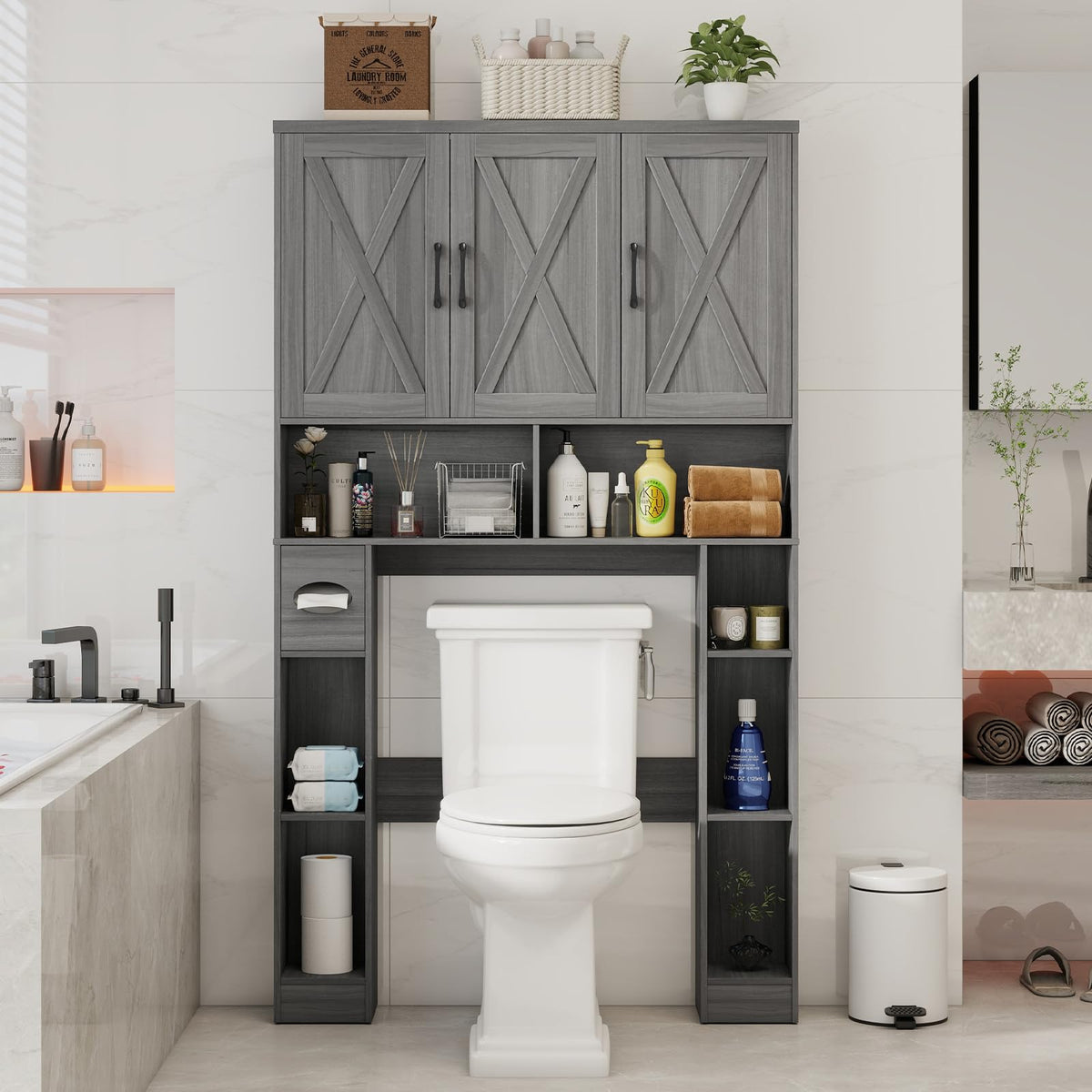 Over The Toilet Storage Cabinet with 3 Barn Doors A728348