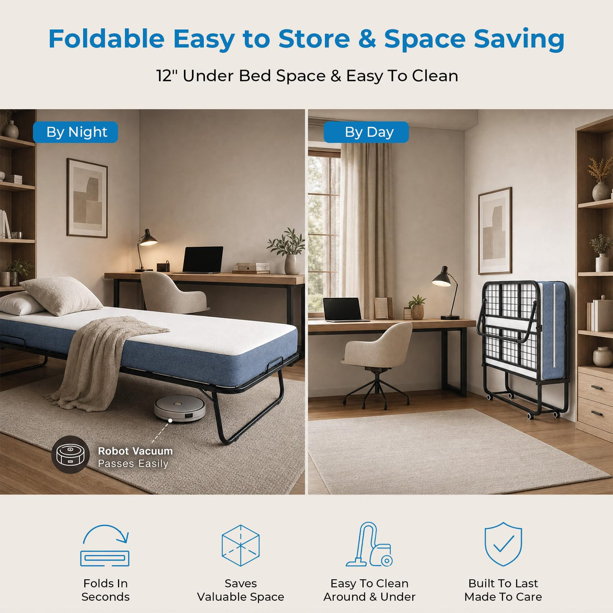Folding Bed with 5" Foam Mattress Queen Size Metal Frame X5512